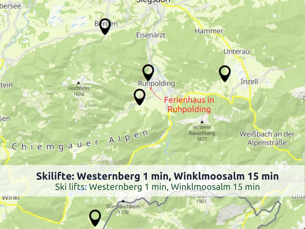 07 Karte der Chiemgauer Alpen mit dem Ferienhaus Ruhpolding und den Skigebieten bei Bergen, Ruhpolding, Inzell und am Dürrnbachhorn