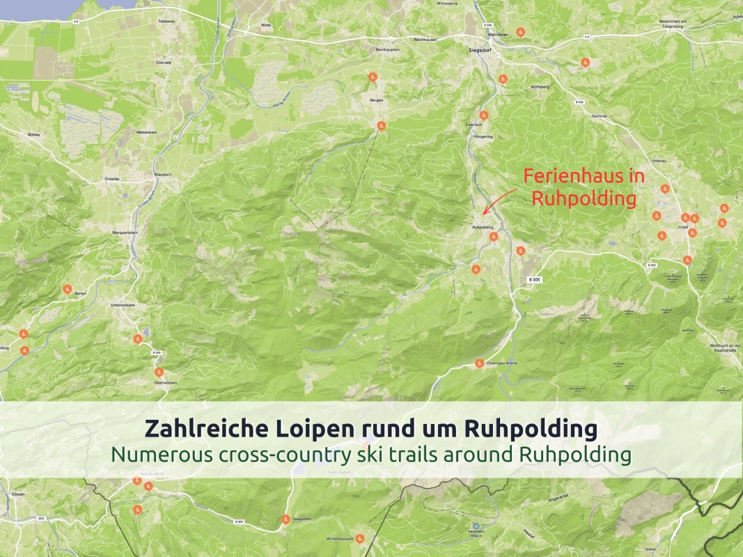 09 Karte des Chiemgaus mit dem Ferienhaus Ruhpolding und den Langlaufloipen bei Ruhpolding, Inzell, Reit im Winkl und an der Chiemgau Arena