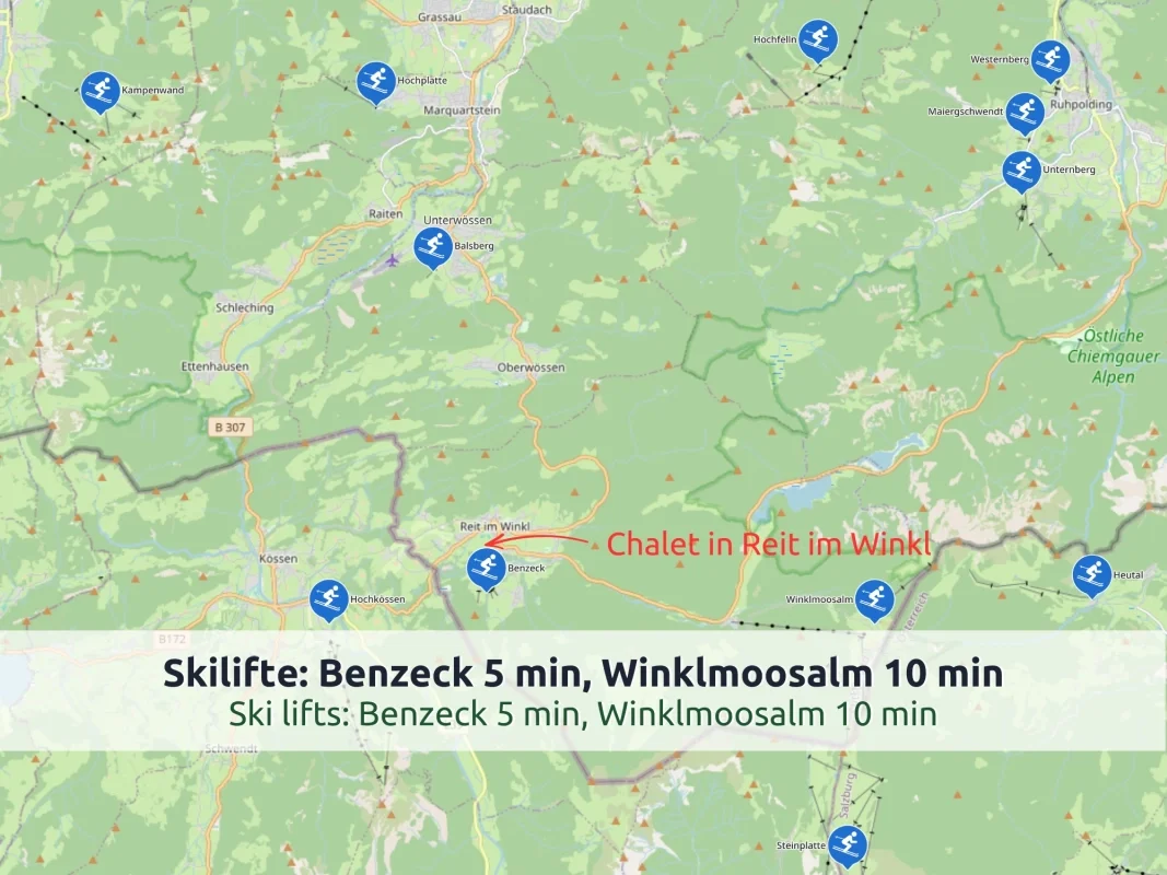 Karte mit dem Chalet Reit im Winkl und den Skigebieten Winklmoosalm, Steinplatte, Hochkössen, Unterwössen, Kampenwand und Hochfelln