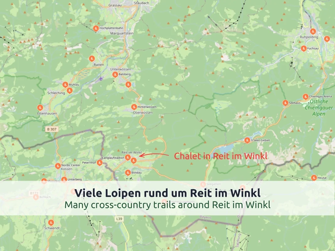 Karte mit dem Chalet Reit im Winkl und den Langlaufloipen, u. a. Langlaufstadion, Seegatterl, Winklmoosalm und Chiemgau Arena