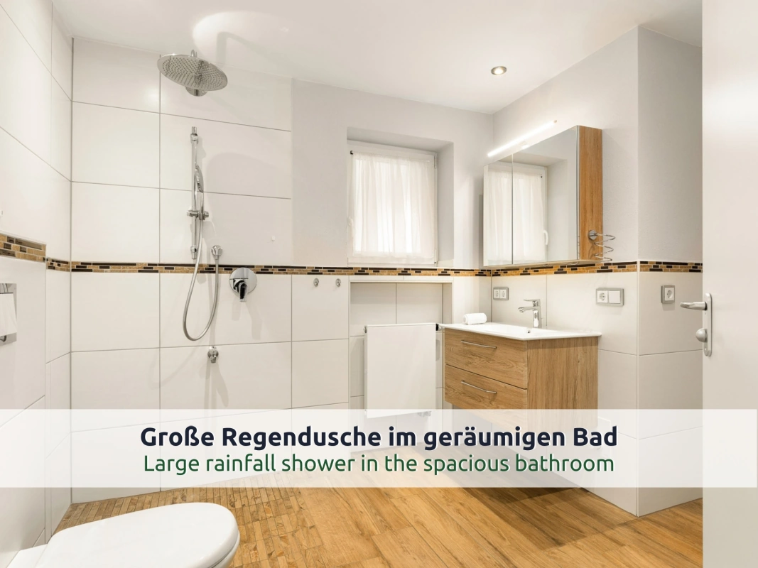 Ferienhaus Ruhpolding: Badezimmer mit gefliester Dusche und Regenbrause, Waschtisch mit Holzunterschrank, Spiegelschrank, Heizkörper und Fenster; Boden in Holzoptik