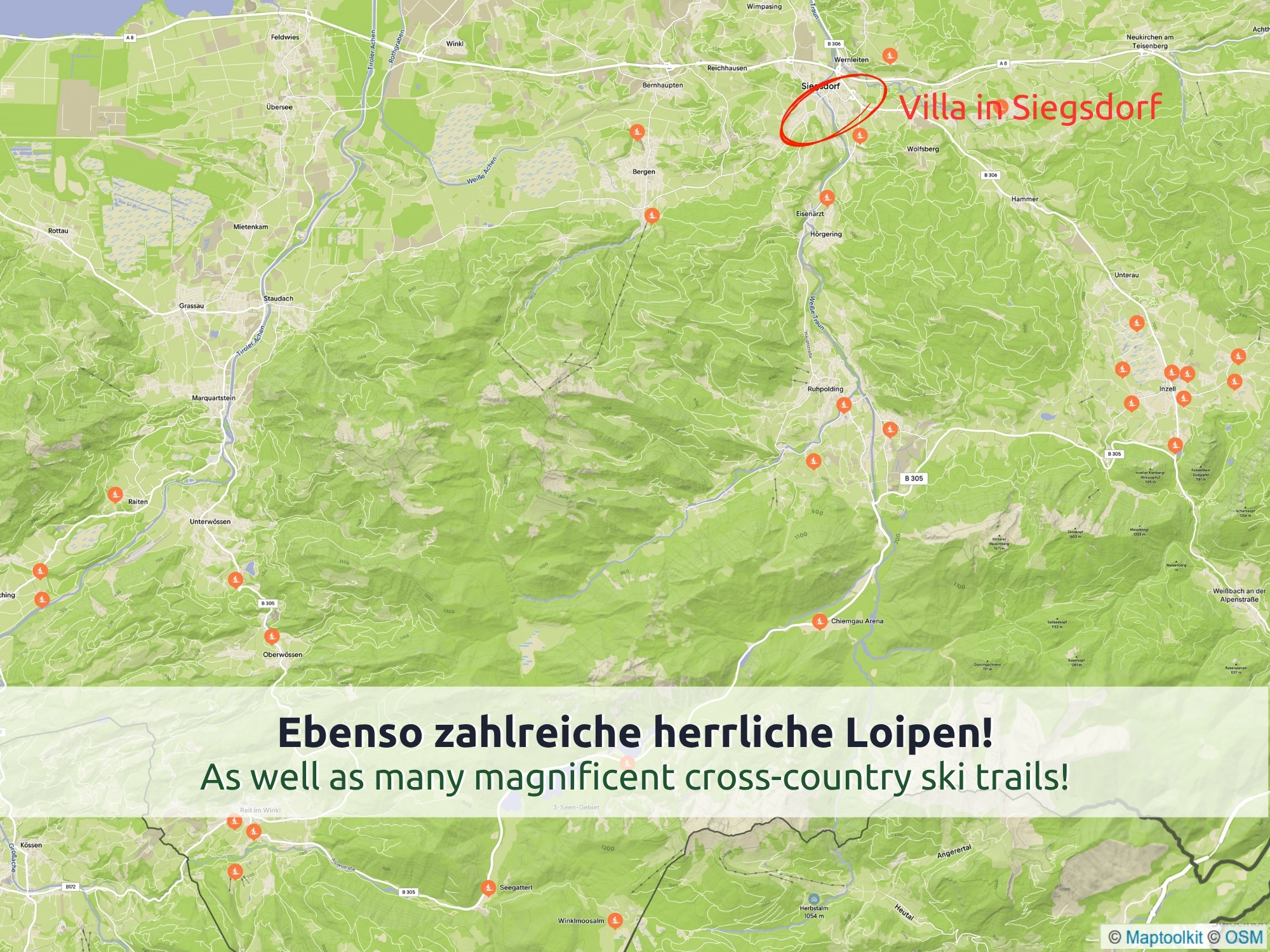 17 Karte des Chiemgaus mit den Langlaufloipen bei Siegsdorf, Eisenärzt, Bergen, Ruhpolding, Inzell und Reit im Winkl