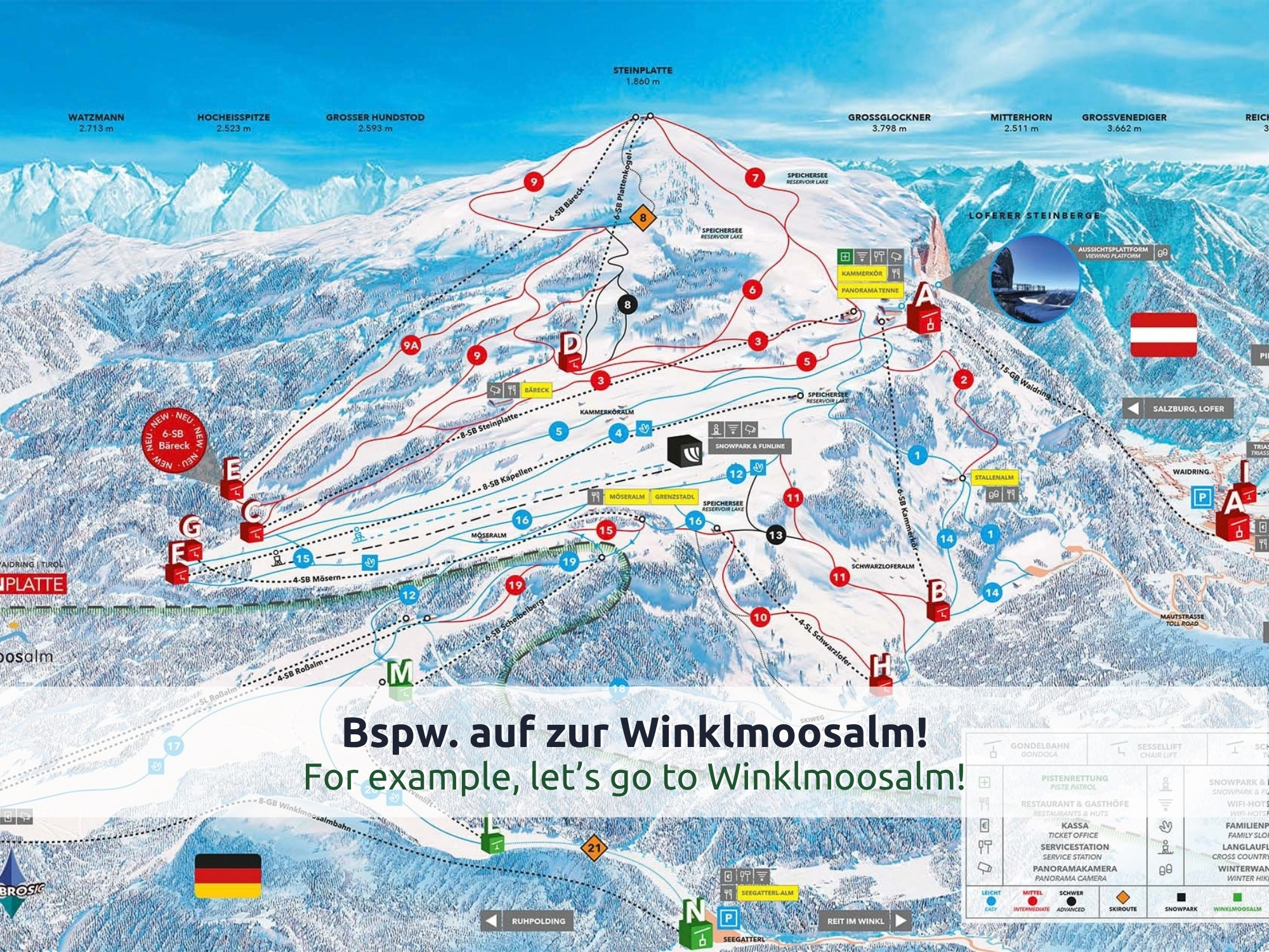 18 Pistenplan des Skigebiets Winklmoosalm/Steinplatte mit roten, blauen und schwarzen Pisten, Liften und Hütten