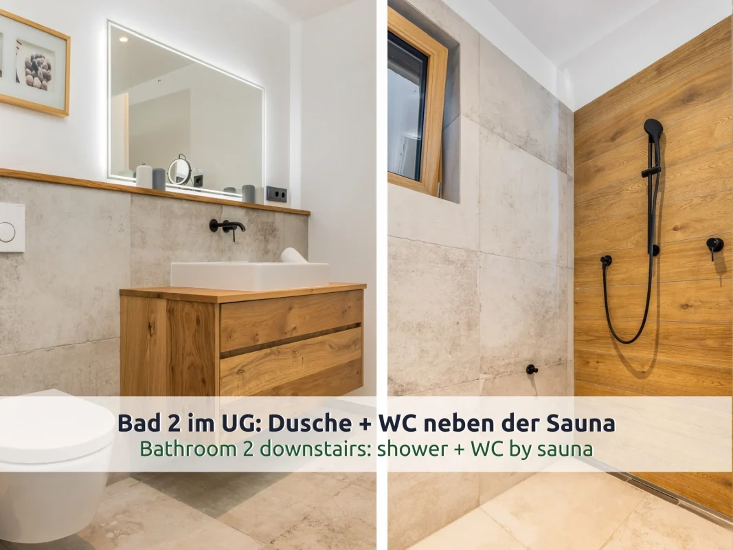 Chalet Reit im Winkl: Duschbad im Souterrain mit Holzwaschtisch, beleuchtetem Spiegel und bodengleicher Dusche