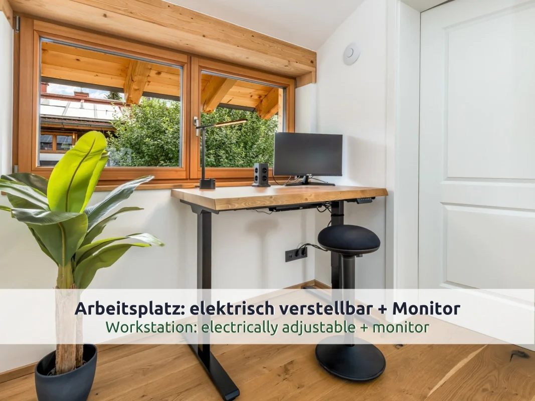 Chalet Reit im Winkl: Arbeitsplatz mit höhenverstellbarem Schreibtisch, Monitor und Fenster ins Grüne