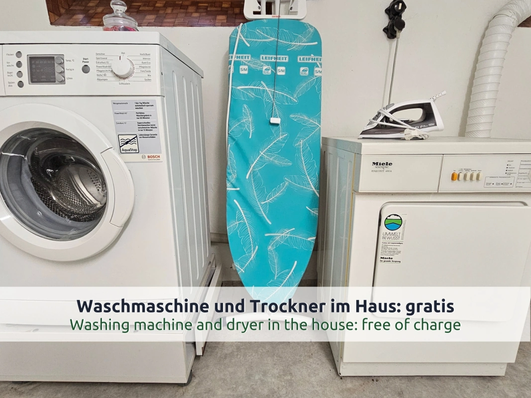 30 Ferienhaus Ruhpolding: Waschmaschine, Wäschetrockner, Bügelbrett und Bügeleisen in einem Waschraum im Keller
