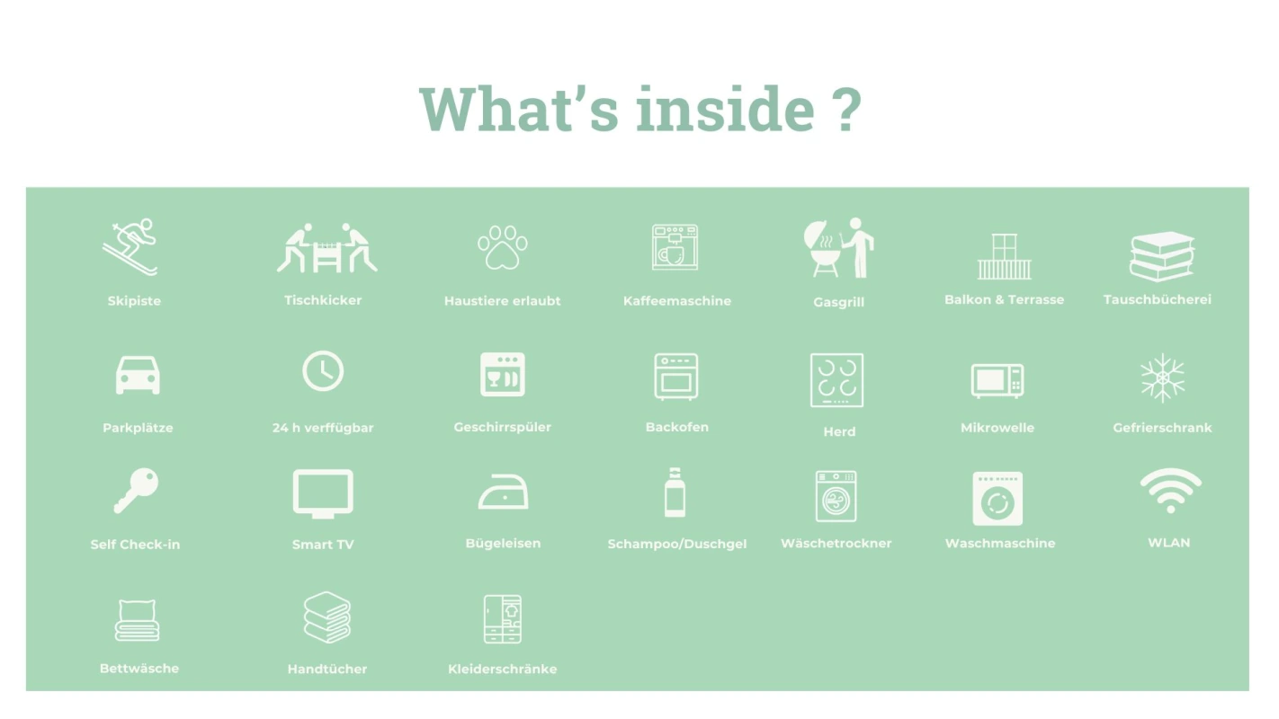 33_What's-inside Ferienhaus Ruhpolding: Ausstattungsübersicht mit Symbolen, u. a. Skipiste, Tischkicker, Gasgrill, Balkon und Terrasse, Smart TV, Waschmaschine und Trockner