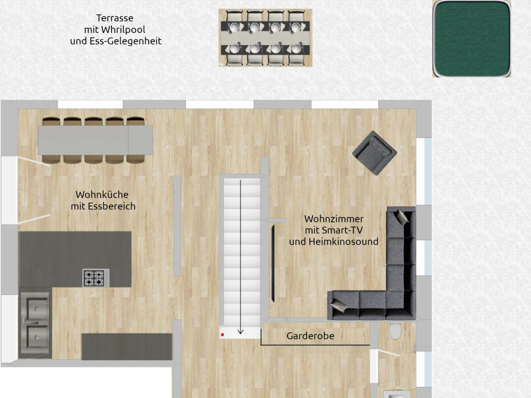 Chalet Reit im Winkl: Grundriss Erdgeschoss mit Wohnküche, Wohnzimmer, Garderobe, WC und Terrasse mit Whirlpool