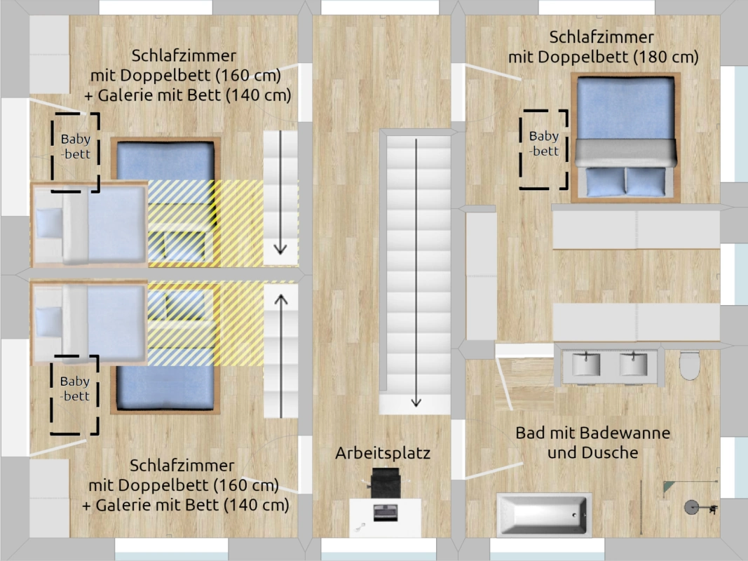 Chalet Reit im Winkl: Grundriss Obergeschoss mit drei Schlafzimmern, zwei davon mit Galerie, Arbeitsplatz und Bad mit Badewanne und Dusche