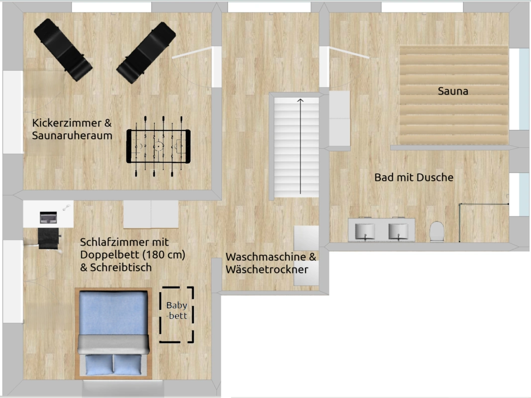 Chalet Reit im Winkl: Grundriss Untergeschoss mit Sauna, Saunaruheraum mit Kicker, Bad mit Dusche, Waschraum und Schlafzimmer