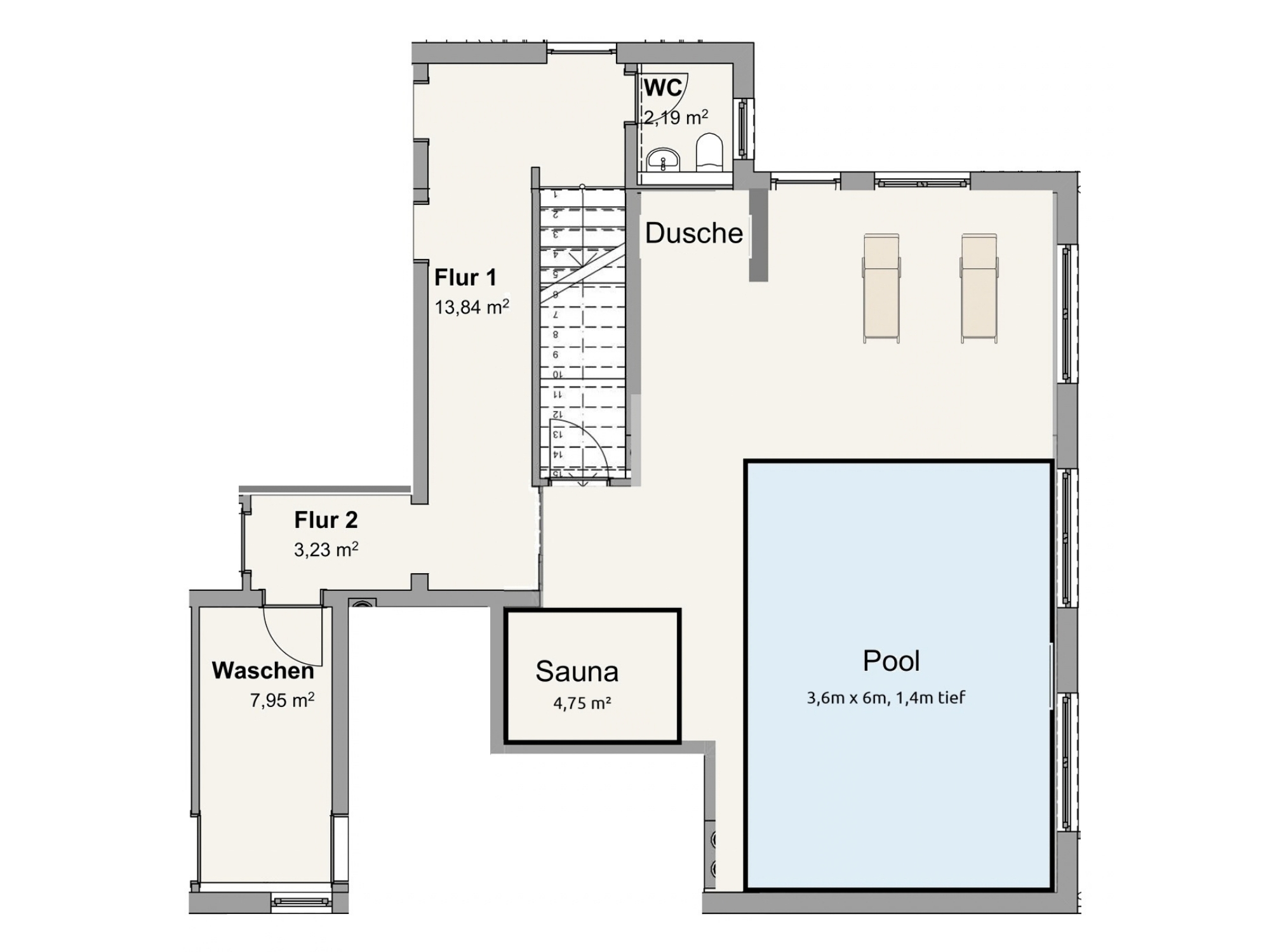 57_Grundriss-UG Villa Siegsdorf: Grundriss Untergeschoss mit Indoorpool (3,6 × 6 m, 1,4 m tief), Sauna, Dusche, WC und Waschraum